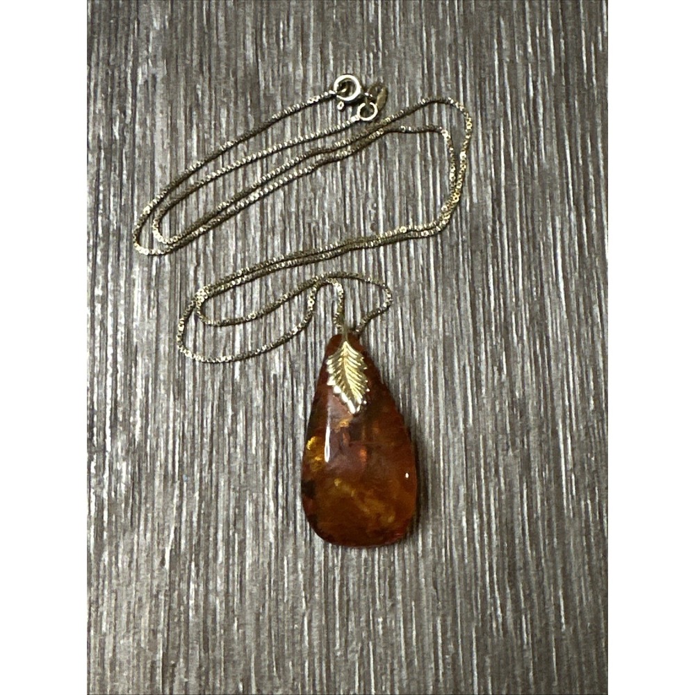 Vintage Baltic Amber Teardrop Pendant 18" Sterling Gold Vermeil Chain Glows